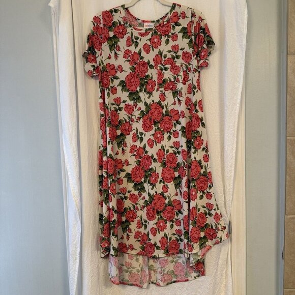 Lularoe Carly Dress Slinky Pink Roses Floral Flowers Small Runs Bigger - Picture 1 of 7